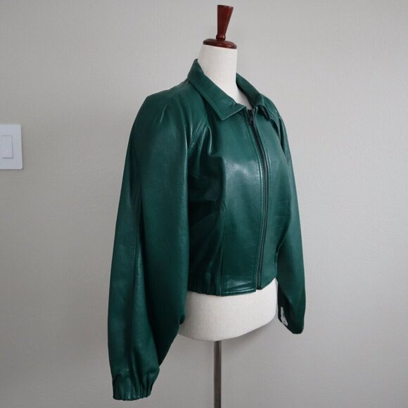 North Beach Green Leather Bomber Jacket Size 9/10 - Picture 3 of 8